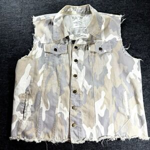 Kyla Seo Vest Medium Floral Embroidered Camouflage Cotton Distressed Hem Boho